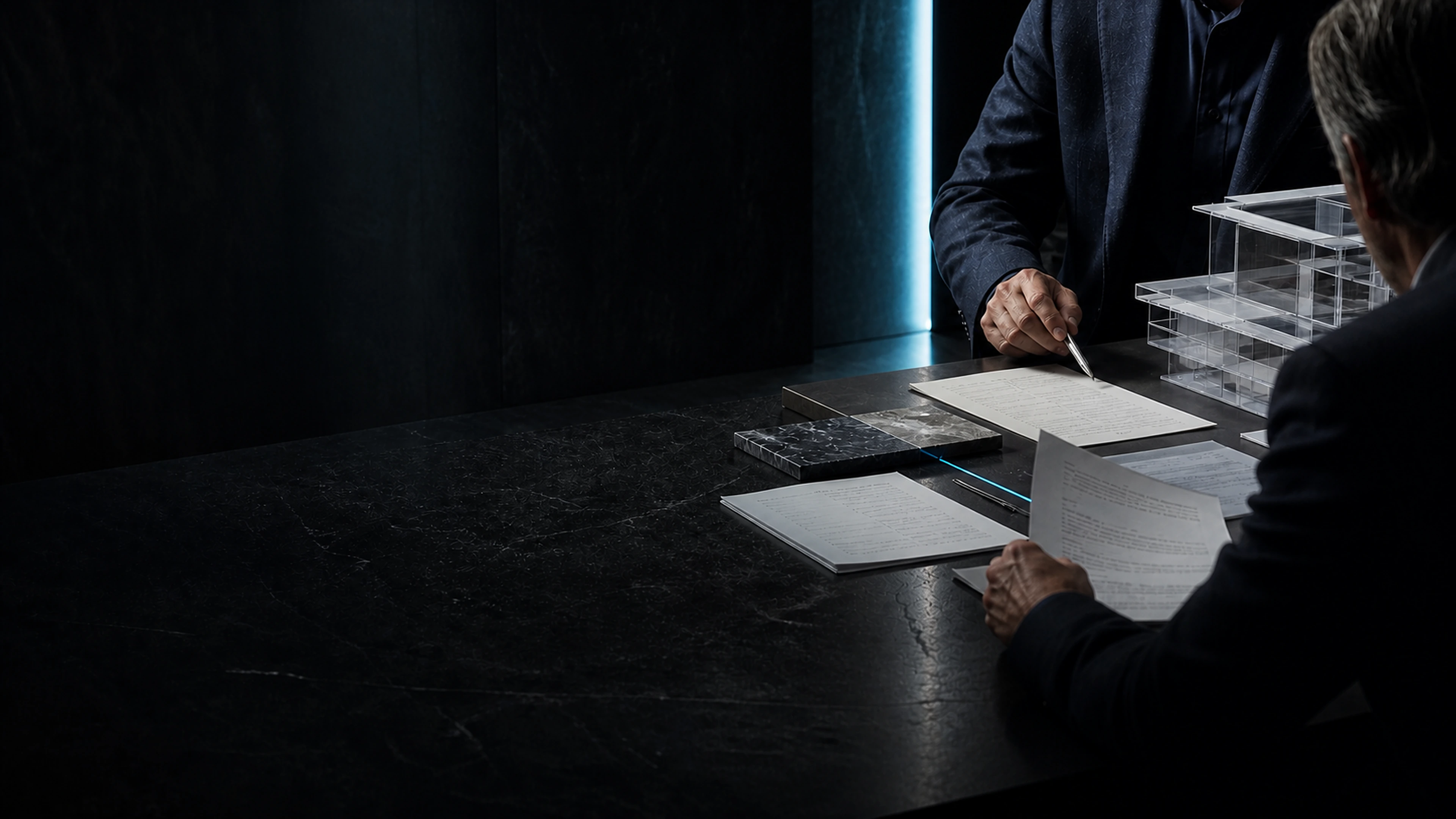 Private-market professionals reviewing legal records and an architectural model in a controlled workspace