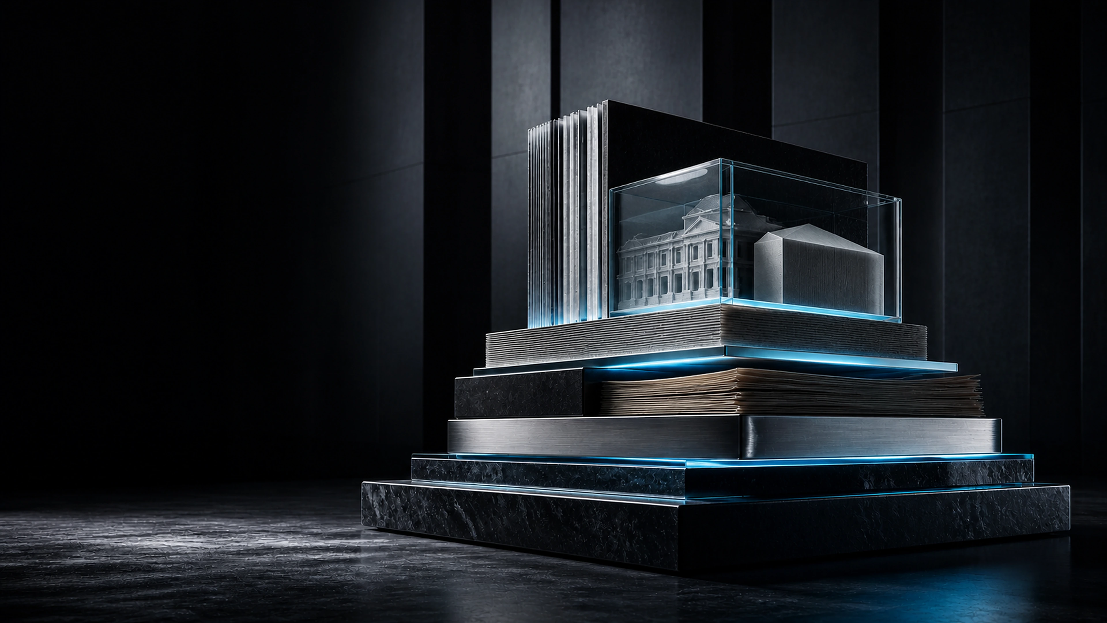 Architectural model, legal records and steel instruments arranged as one connected private-asset system