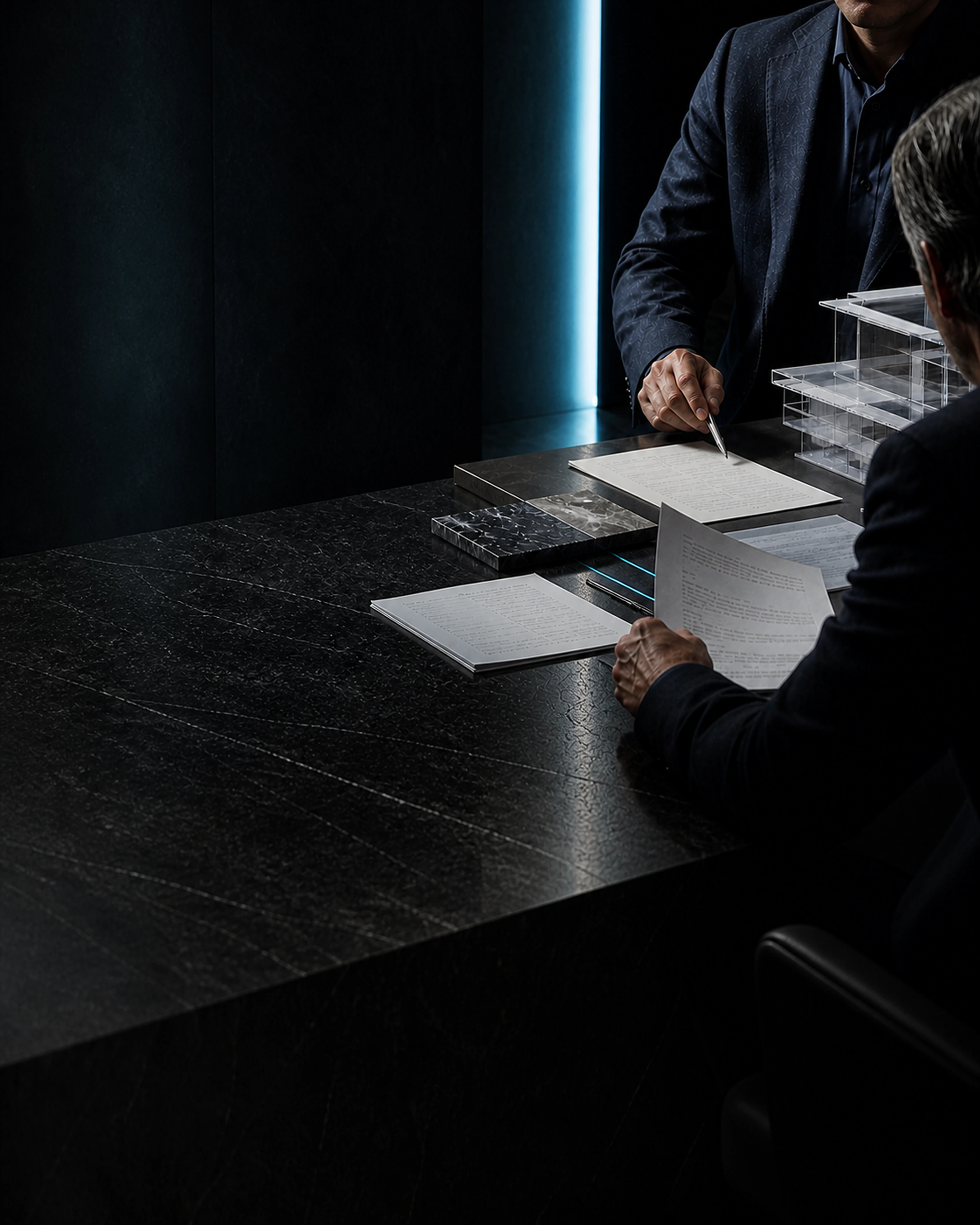 Institutional operators reviewing legal records and a structured asset model